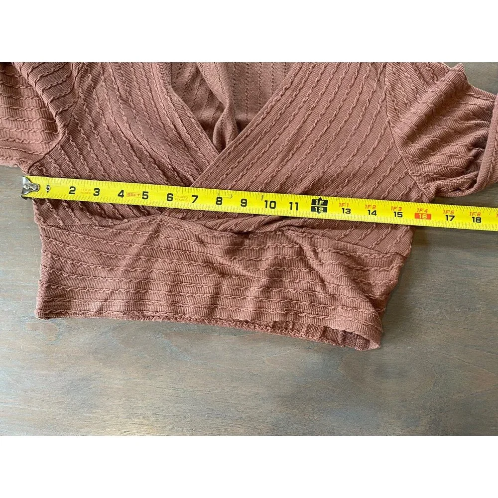 Shein Shirt Women's Large Long Sleeve Crop Front Wrap Stretchy Brown Top V Neck